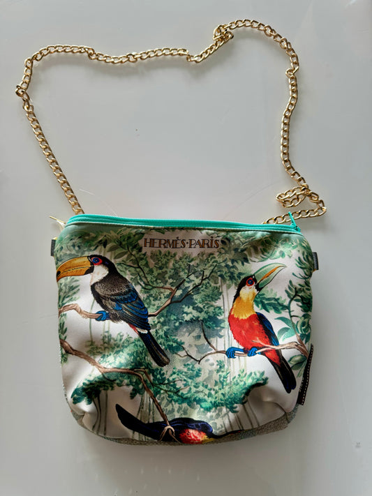 Vintage Hermes scarf reimagined into a crossbody bag. Birds.