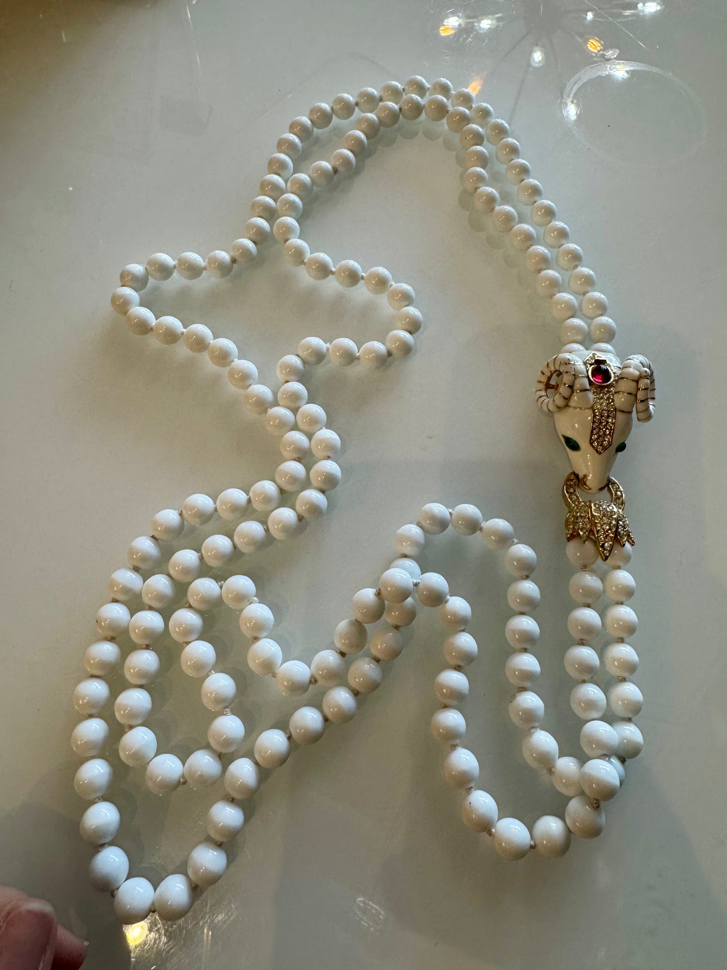 Gorgeous unique double strand white bead rhinestone ram head necklace by CINER 1950s. Oscar worthy!