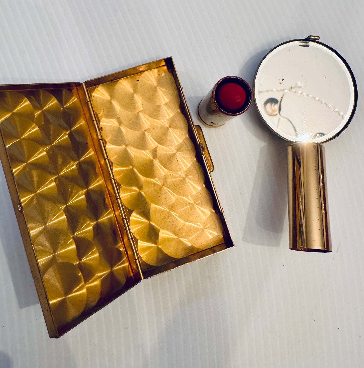 Vintage cigarette case and matching makeup compact w mirror and red lipstick