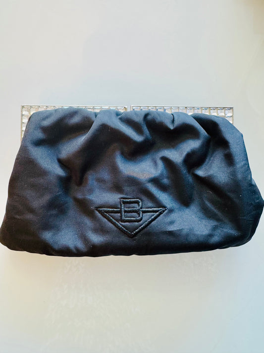 Vintage BottegaVenetta black satin clutch bag with original tags and mirror ~ rhinestone hardware and inside kiss lock closure