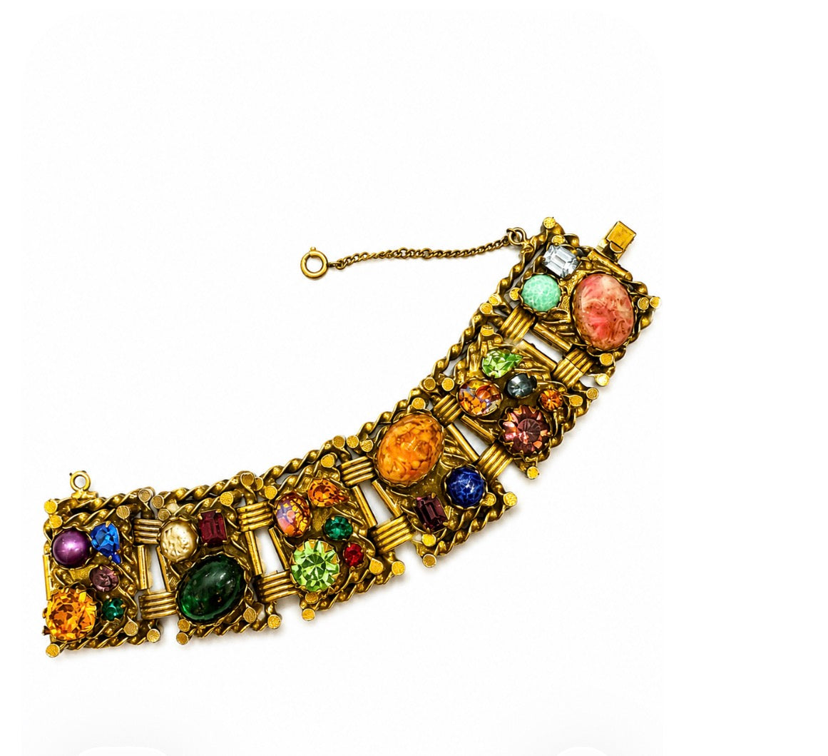 Absolutely stunning 1950s colorful rhinestone and cabochon bracelet with safety launch