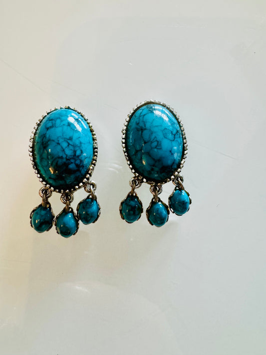 70s silver and turquoise clip earrings with dangle