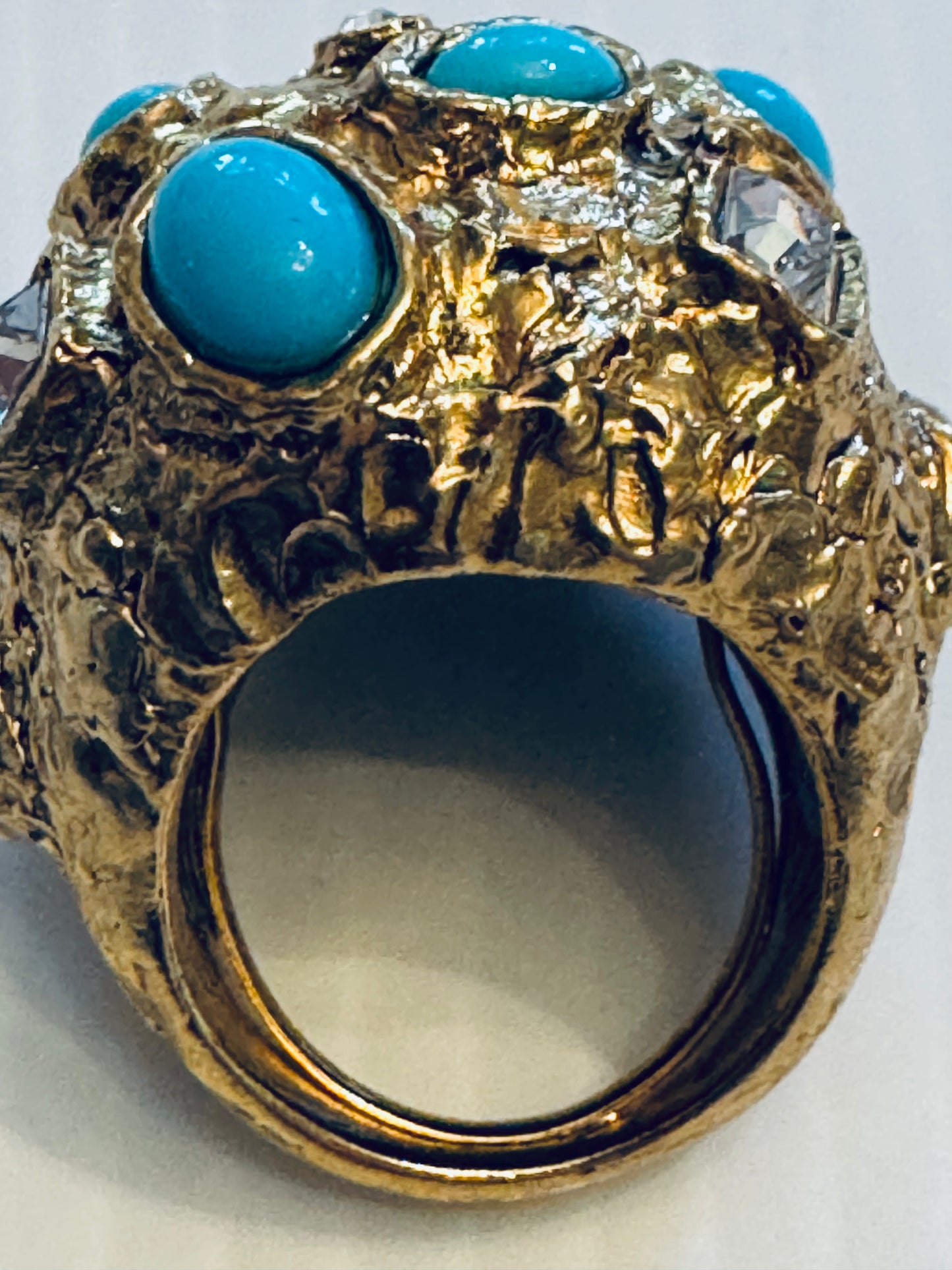 Stunning jumbo KJL Kenneth, J lane gold tone cocktail ring in a dome shape with turquoise and clear rhinestones