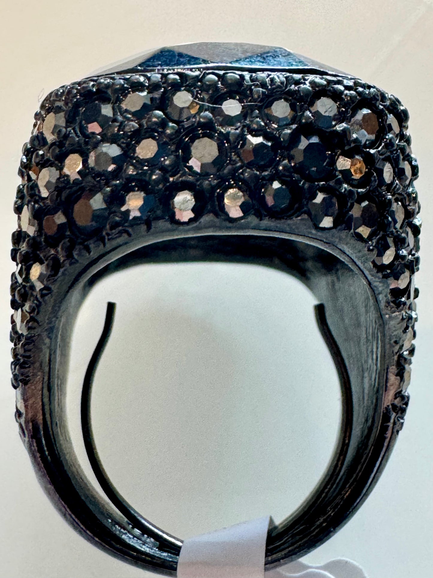 Vintage KJL Kenneth, Jay Lane gunmetal cocktail ring with dark gray rhinestones and dark Centerstone