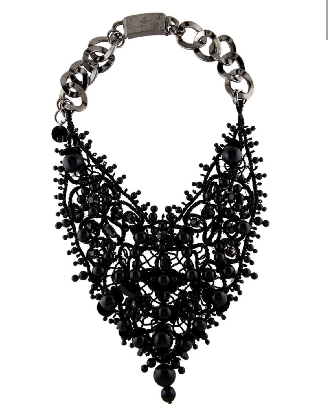 Never worn PRADA black sequin and bead bib necklace with silver tone chain and fastener. Comes in original box