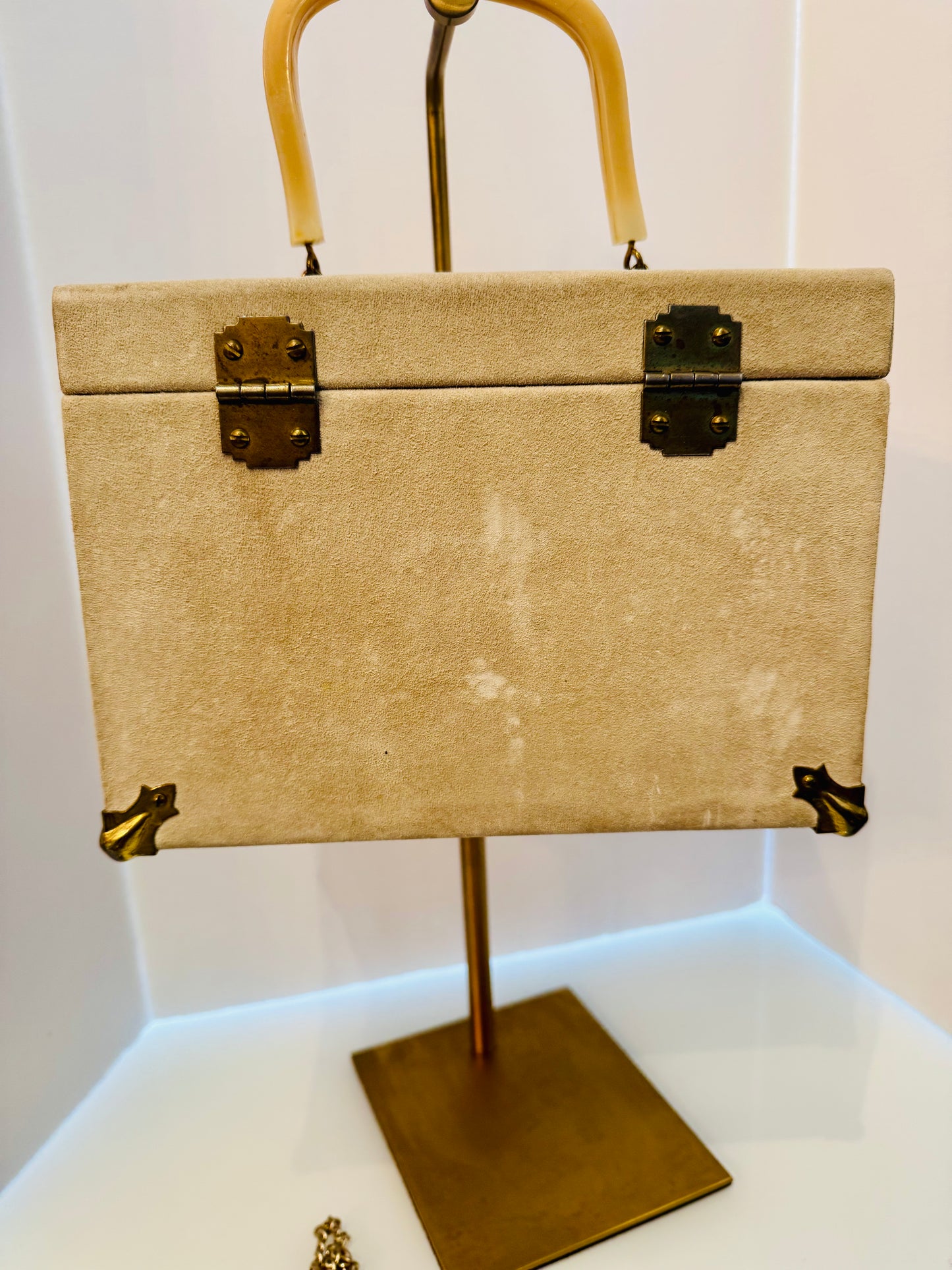 Vintage suede ivory purple, pink and green box bag with green interior