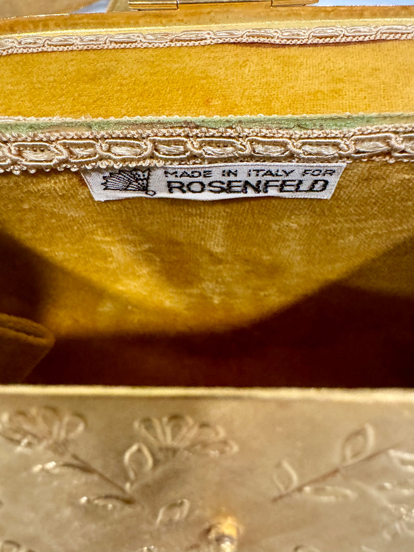 RARE Rosenfeld metal hard shell and brass strap with flower engraving found in pristine condition. Velvet lining. Made in Italy. Precious.