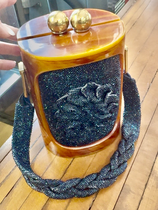 Stunning vintage navy beaded and bakelite handbag.