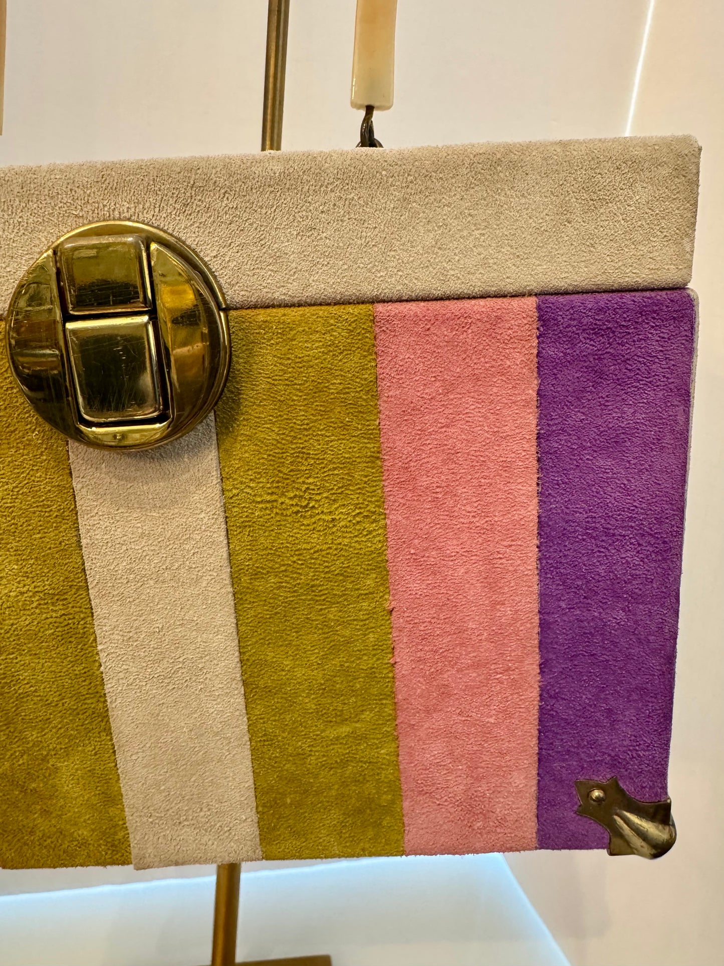 Vintage suede ivory purple, pink and green box bag with green interior