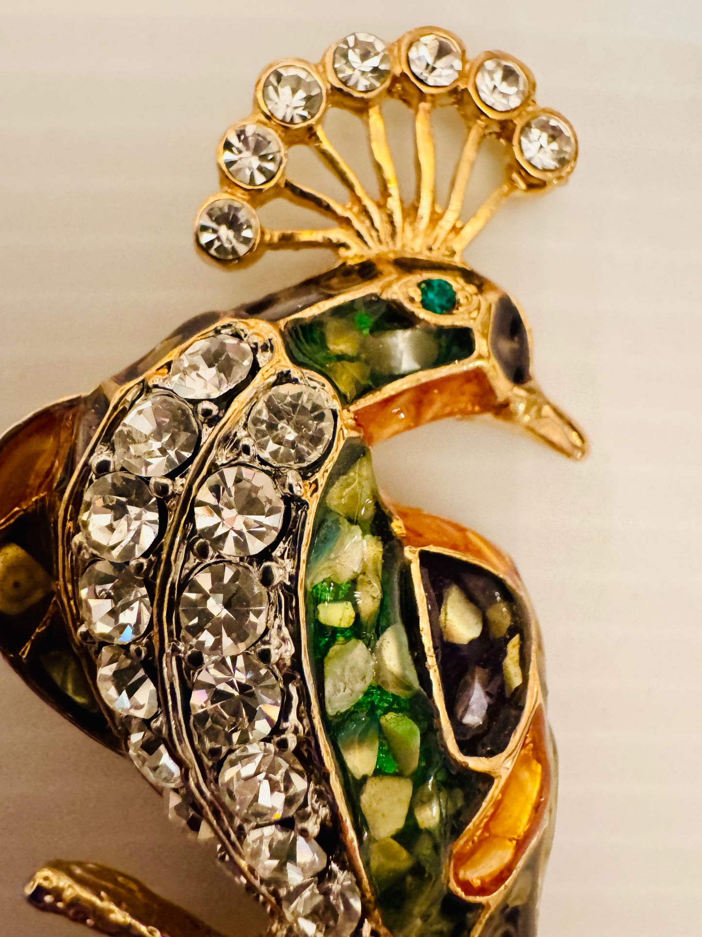 Jumbo 1950s rhinestone and enamel peacock brooch. Such a statement piece.