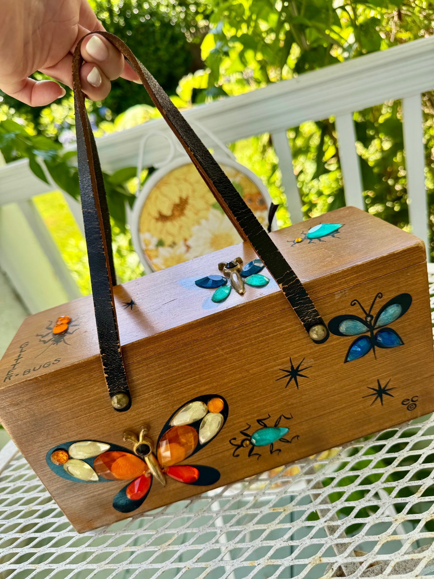 Vintage Enid Collins wood box bag with butterfly decorations. Leather strap, signed.