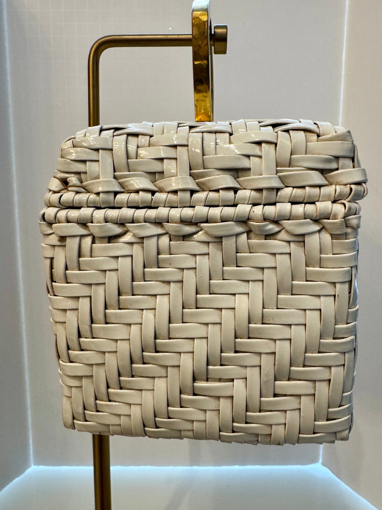 1950s white wicker box bag with gold hardware