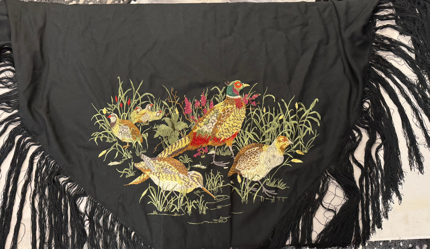 Museum quality Vintage Gucci Firenze Hand-Embroidered Pheasant Wool Shawl — Italy, c. 1960