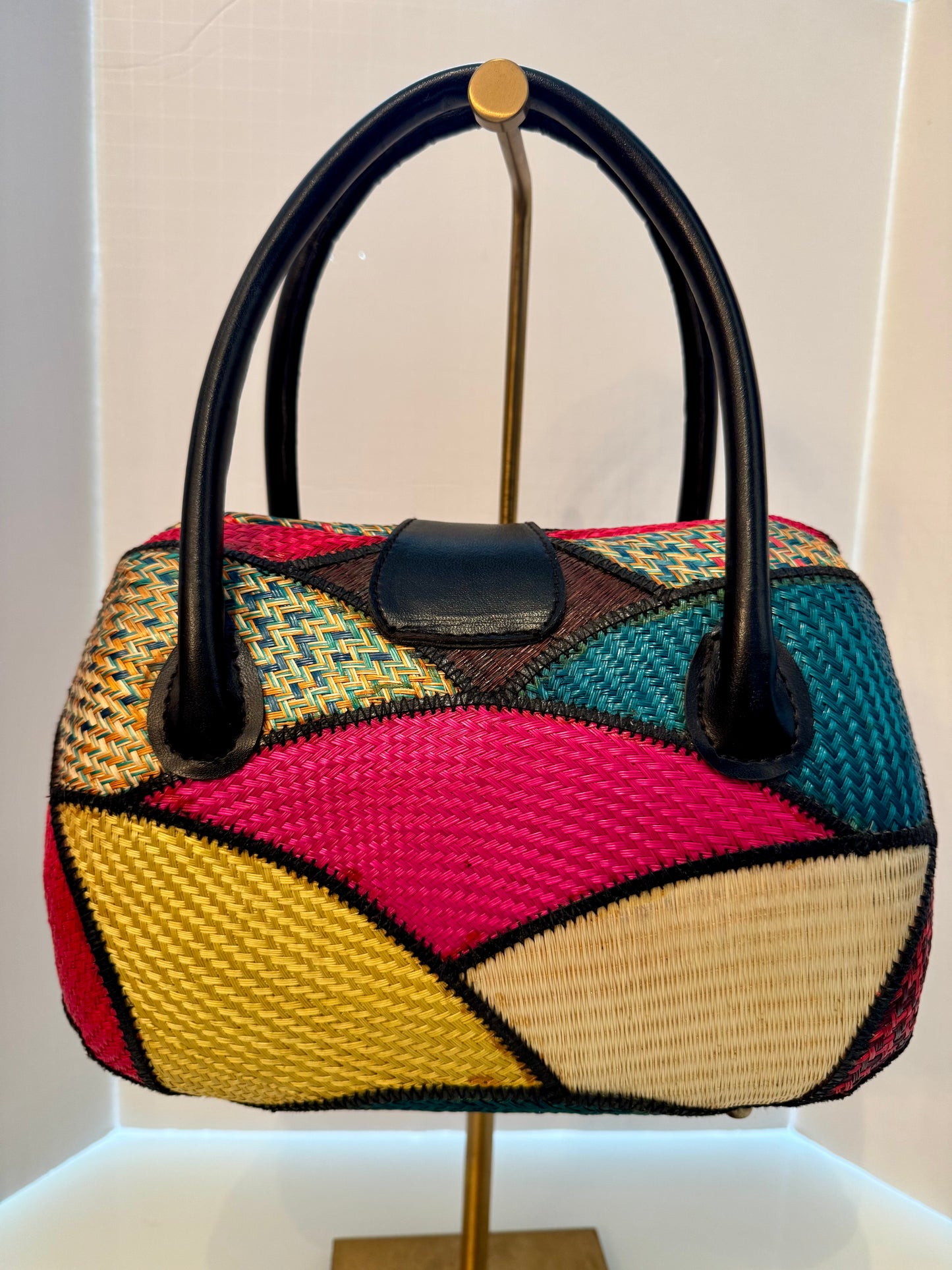Vintage wicker color block top handle handbag