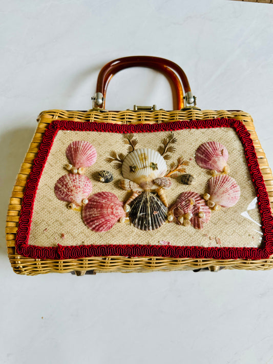 Nautical 1950s shell wicker bag with lucite handle