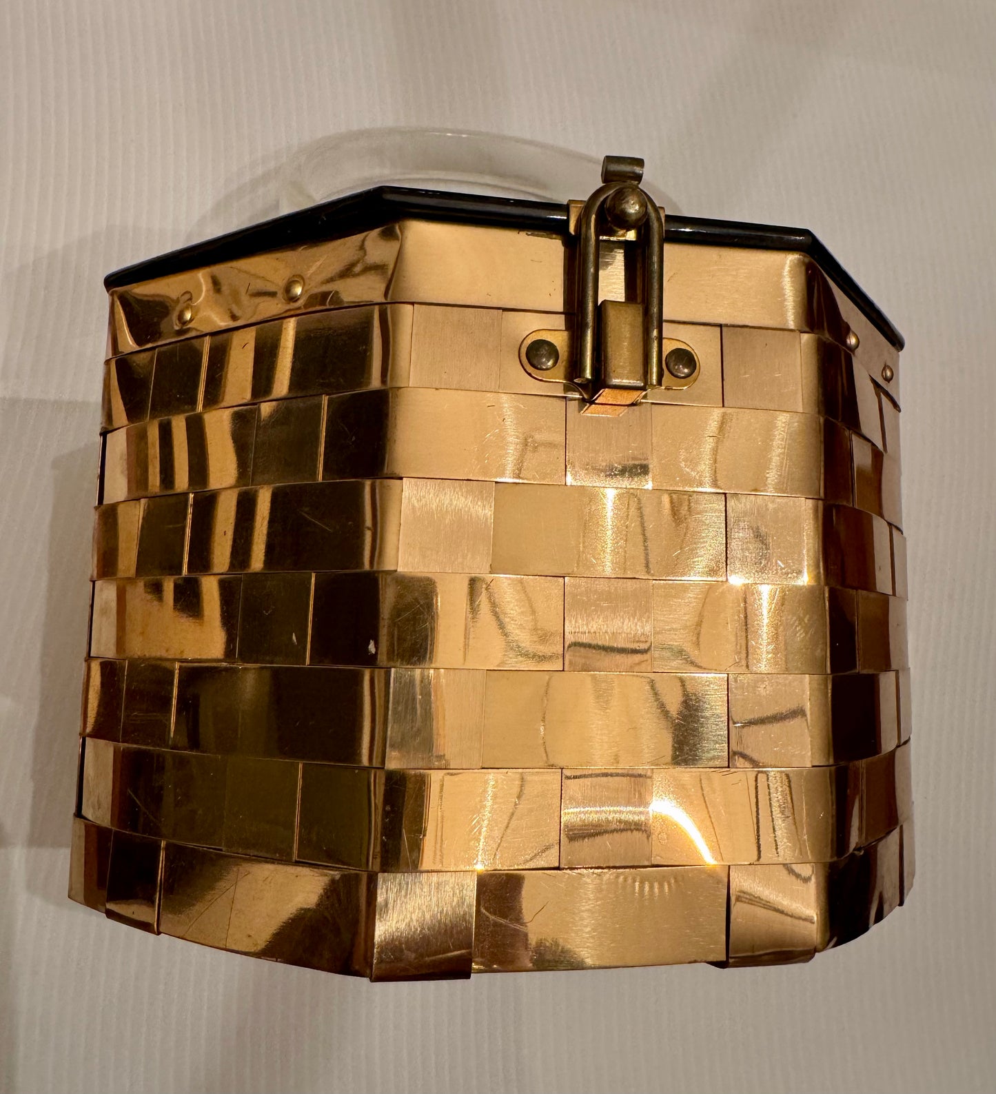 1950s Dorset Rex Octagonal woven brass metal box bag with black lucite top and peach satin lining