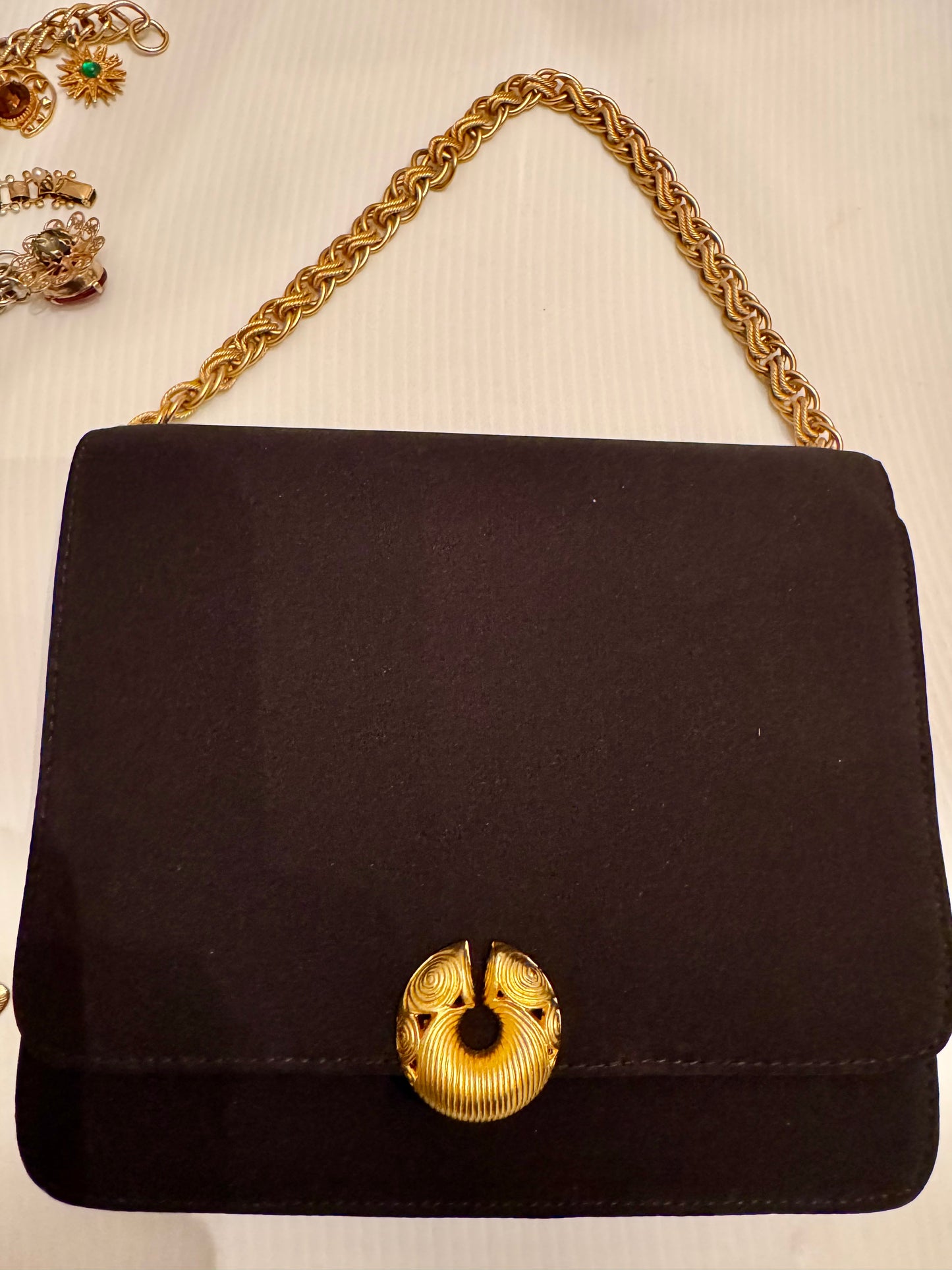 Beautiful vintage, Kenneth, J Lane, black handbag with gold chain, beautiful, gold hardware, and optional shoulder strap