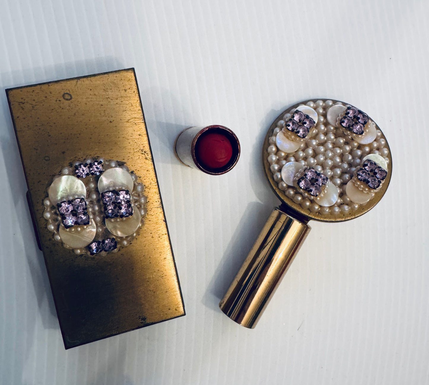 Vintage cigarette case and matching makeup compact w mirror and red lipstick