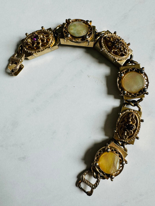 1950's gold tone box bracelet with amethyst rhinestones