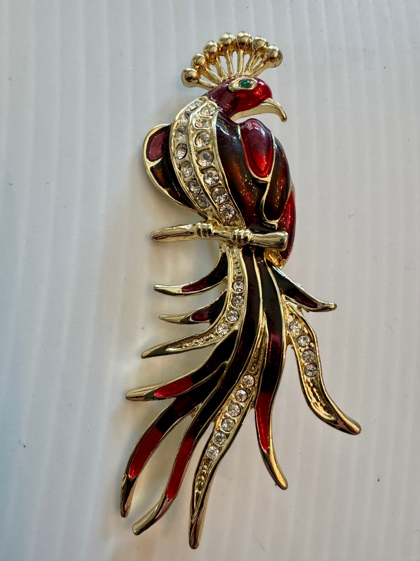 Vintage gold tone with rhinestone and red enamel Peacock brooch