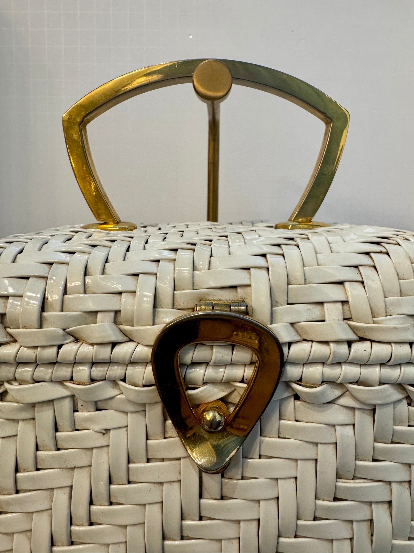 1950s white wicker box bag with gold hardware