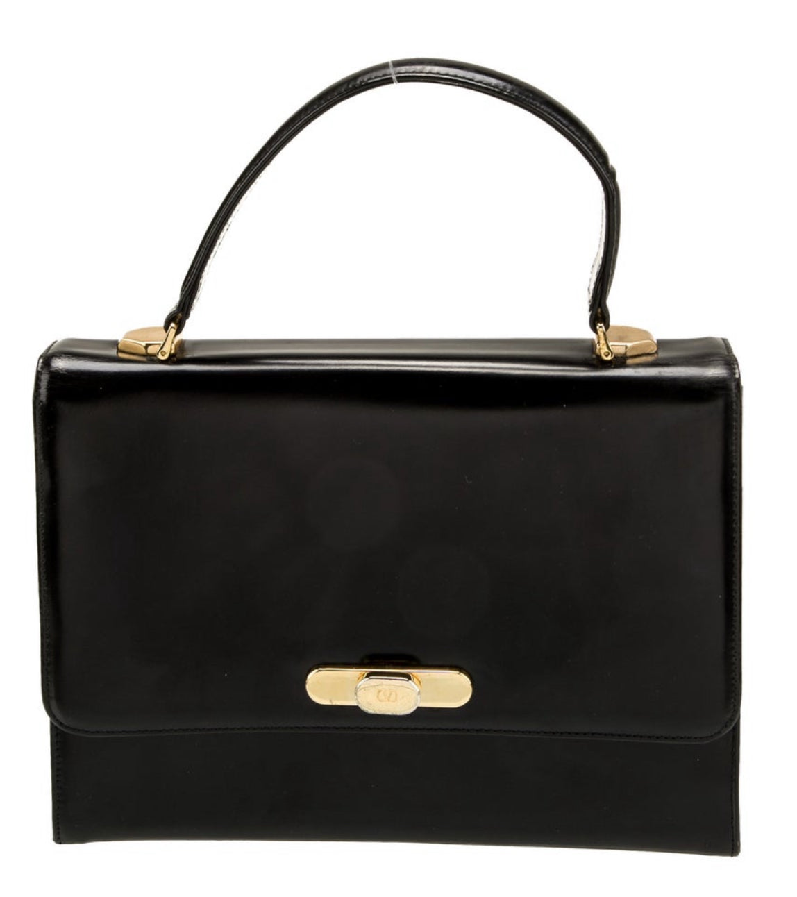 Stunning, 1970s vintage classic black Valentino top handle leather bag with gold hardware and two interior pockets