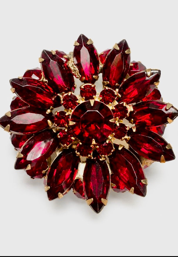 1950s multi layered construction red rhinestone brooch