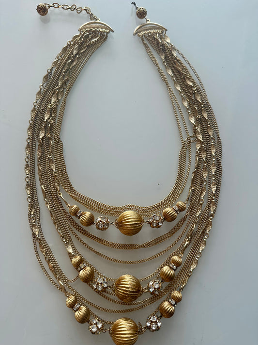 Stunning vintage 1950s multi strand, gold tone necklace with rhinestones. Unsigned Vendome. Matching earrings available. Search "Vendome" to view them