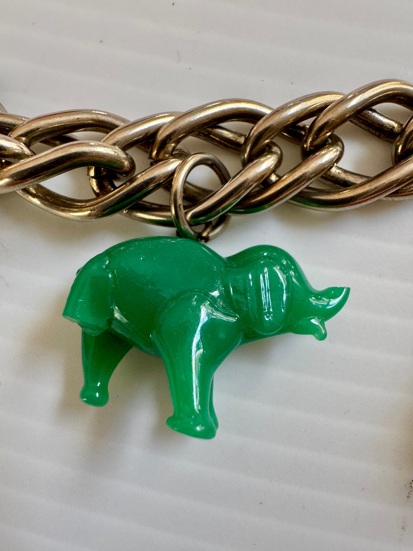 RARE 1960s gold tone chunky charm bracelet with jumbo jade charms and 2 adorable elephants (one missing a leg - see photo)