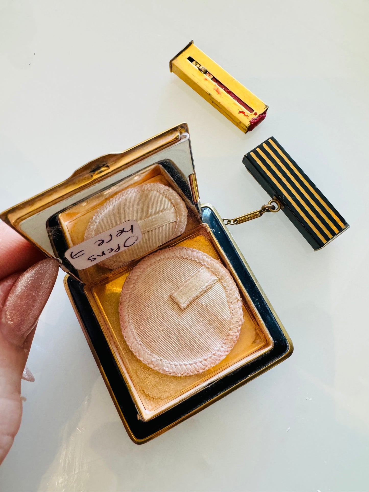 Enamel makeup compact with lipstick chain and initial "M" opens twice inside too