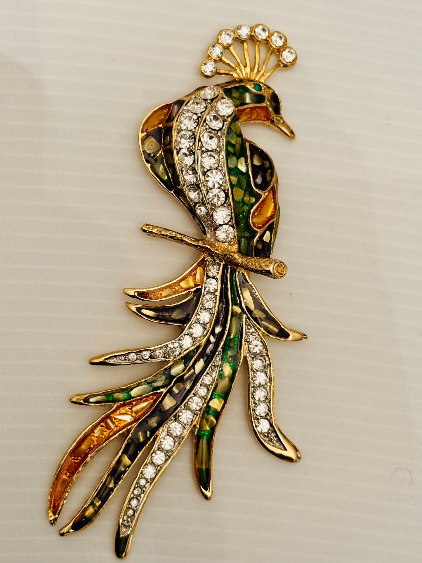 Jumbo 1950s rhinestone and enamel peacock brooch. Such a statement piece.