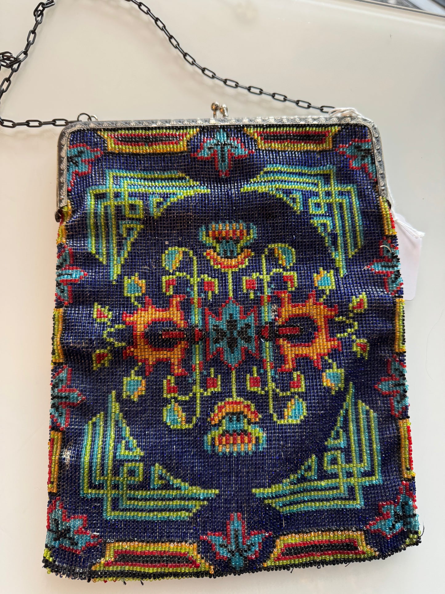 1920s vintage flapper bag with blue green red, yellow and turquoise beads. Metal hardware.