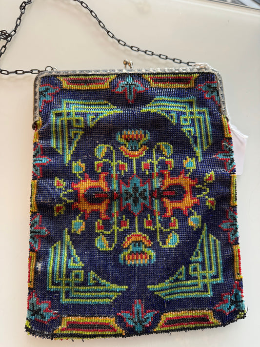 1920s vintage flapper bag with blue green red, yellow and turquoise beads. Metal hardware.