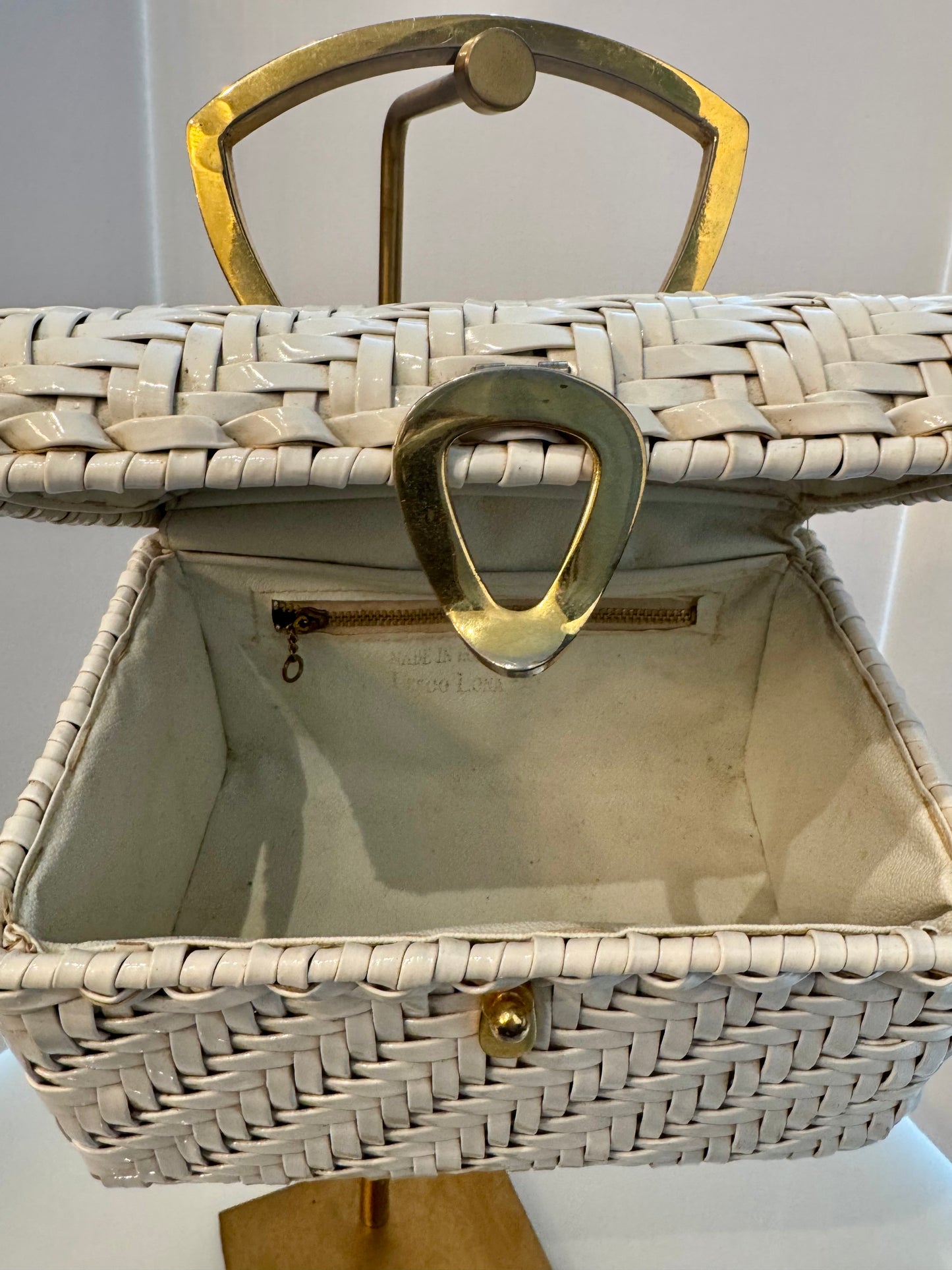 1950s white wicker box bag with gold hardware