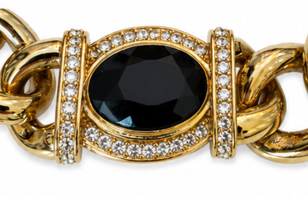 1980s chunky Ann Klein gold tone link bracelet with black cabochon and rhinestones