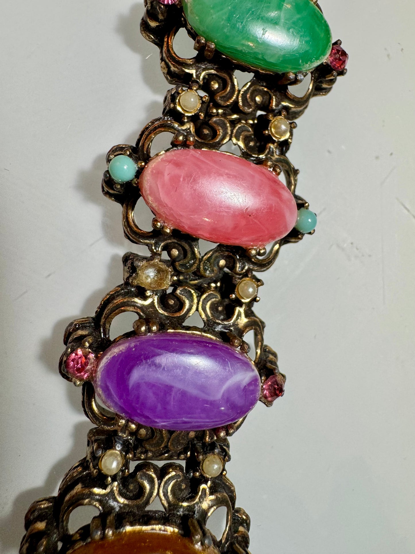 1950s gorgeous bracelet with multi colored stones and rhinestones and pearls. Oscar worthy!