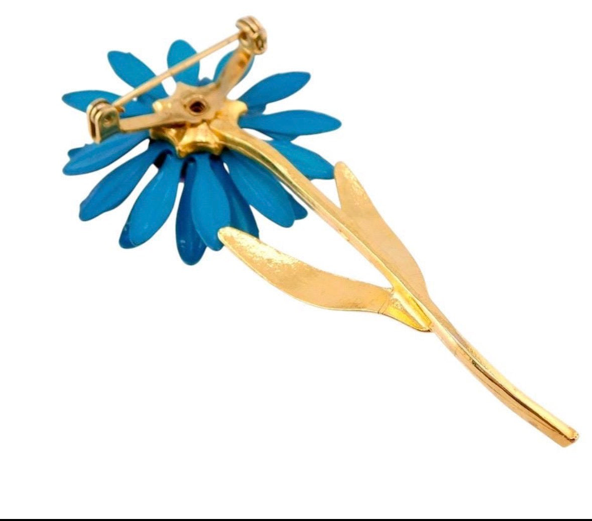 1960s Vintage Shades of Blue Teal and Burgundy Enameled Daisy Flower brooch with Gold Plating stem and leaves.