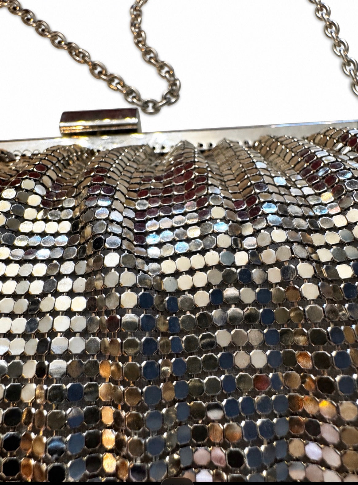 1970s Whiting and Davis extra long light gold clutch with optional chain