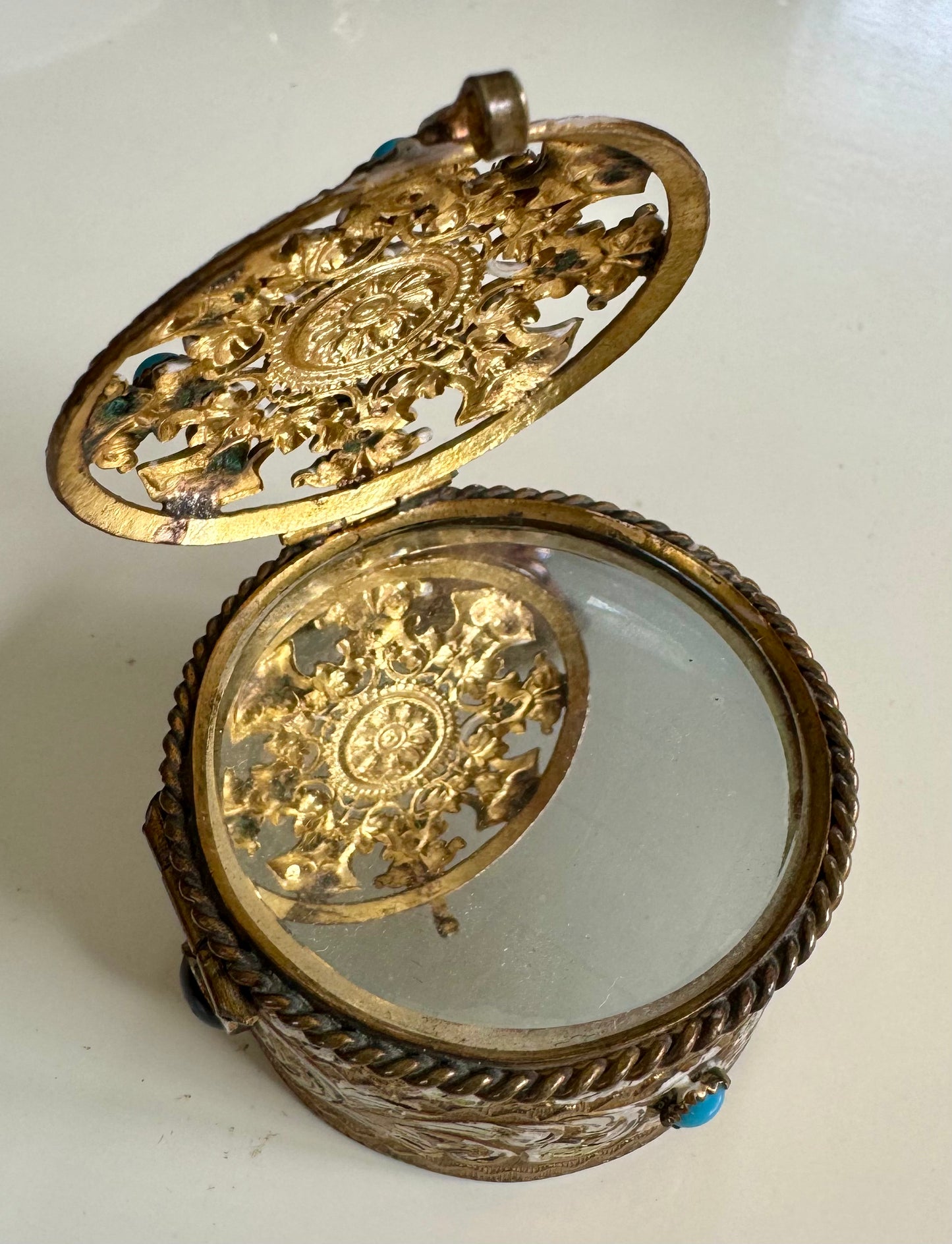 Wow factor vintage filigree with stones trinket box that opens 3 ways to reveal mirror and secret storage