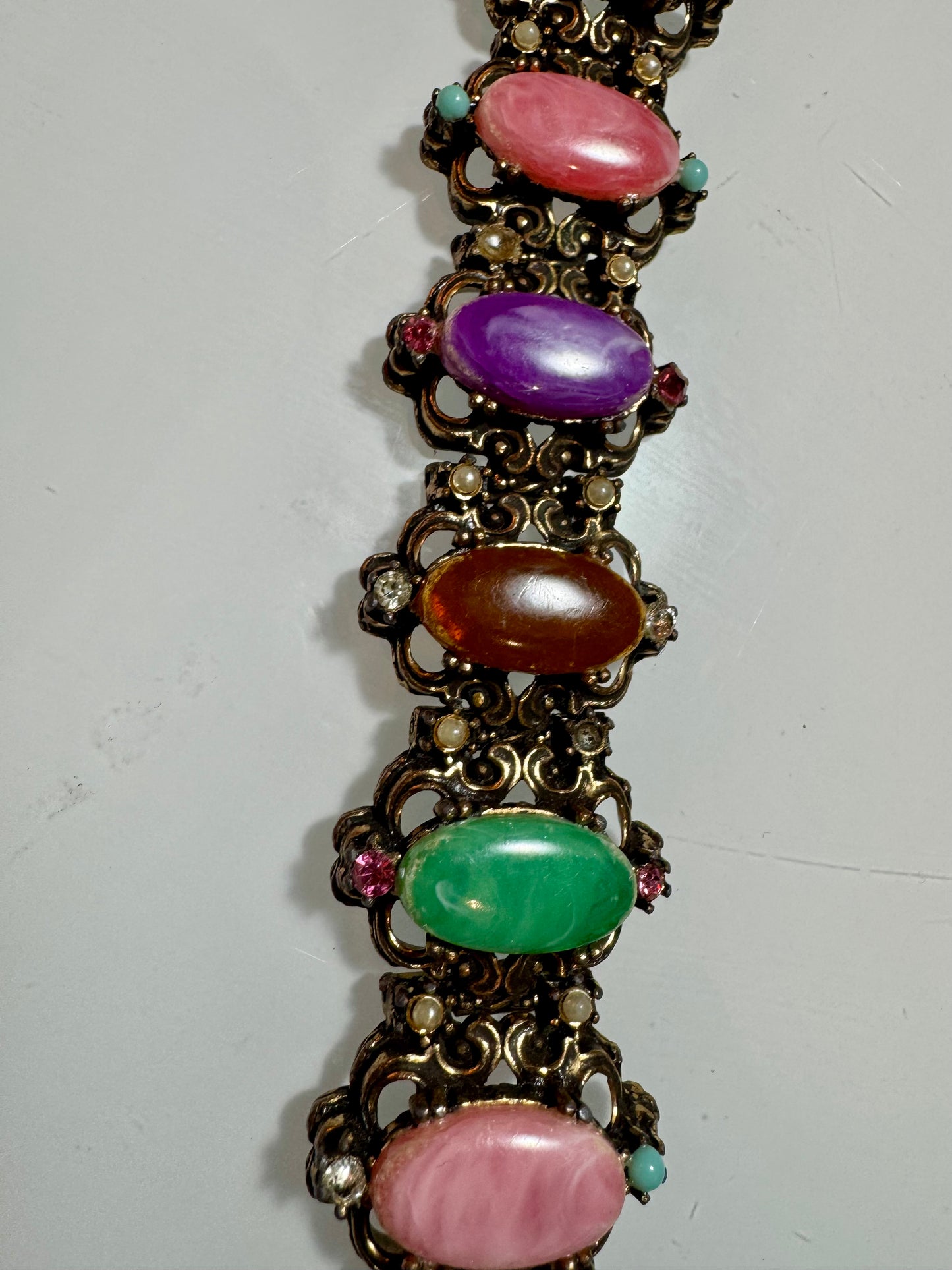 1950s gorgeous bracelet with multi colored stones and rhinestones and pearls. Oscar worthy!