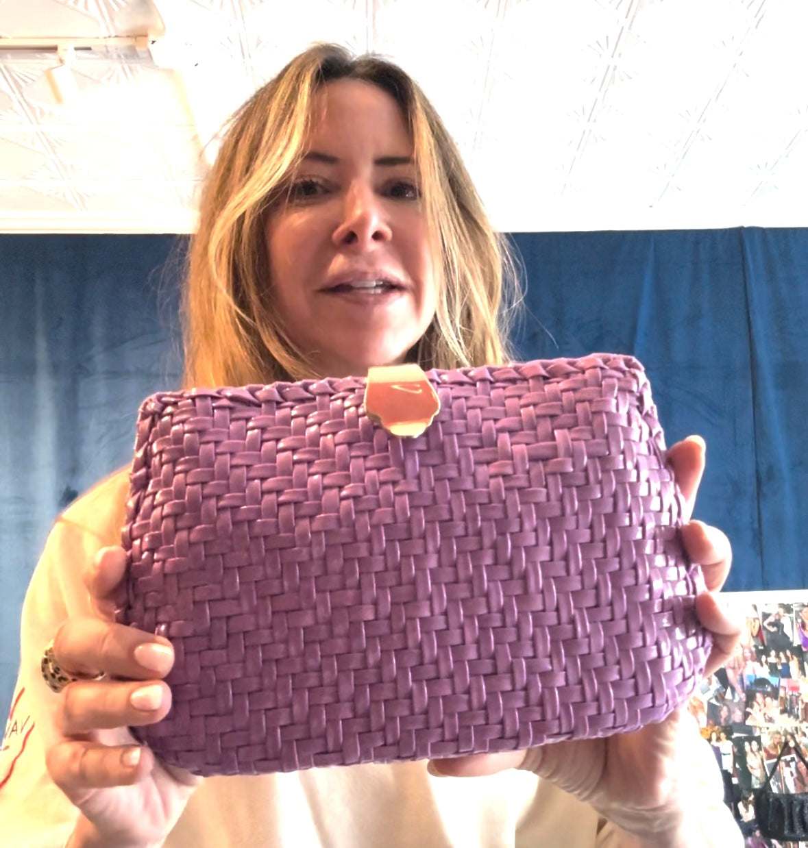 Vintage 1970s Lavender wicker clutch with gold hardware.