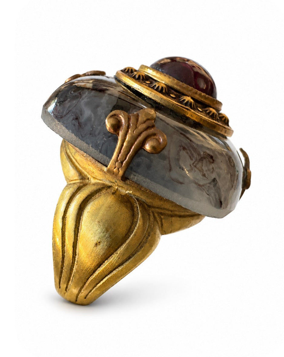 Beautiful signed PATRICE vintage, German glass, genuine garnet 24 karat gold plated and aged brass with 24 karat gold plate bronze ring