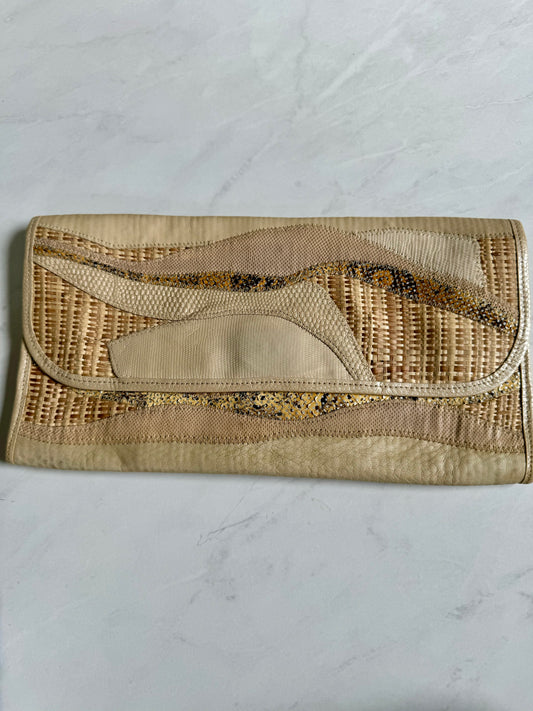 Vintage Carlos Falchi ivory/beige leather and wicker clutch