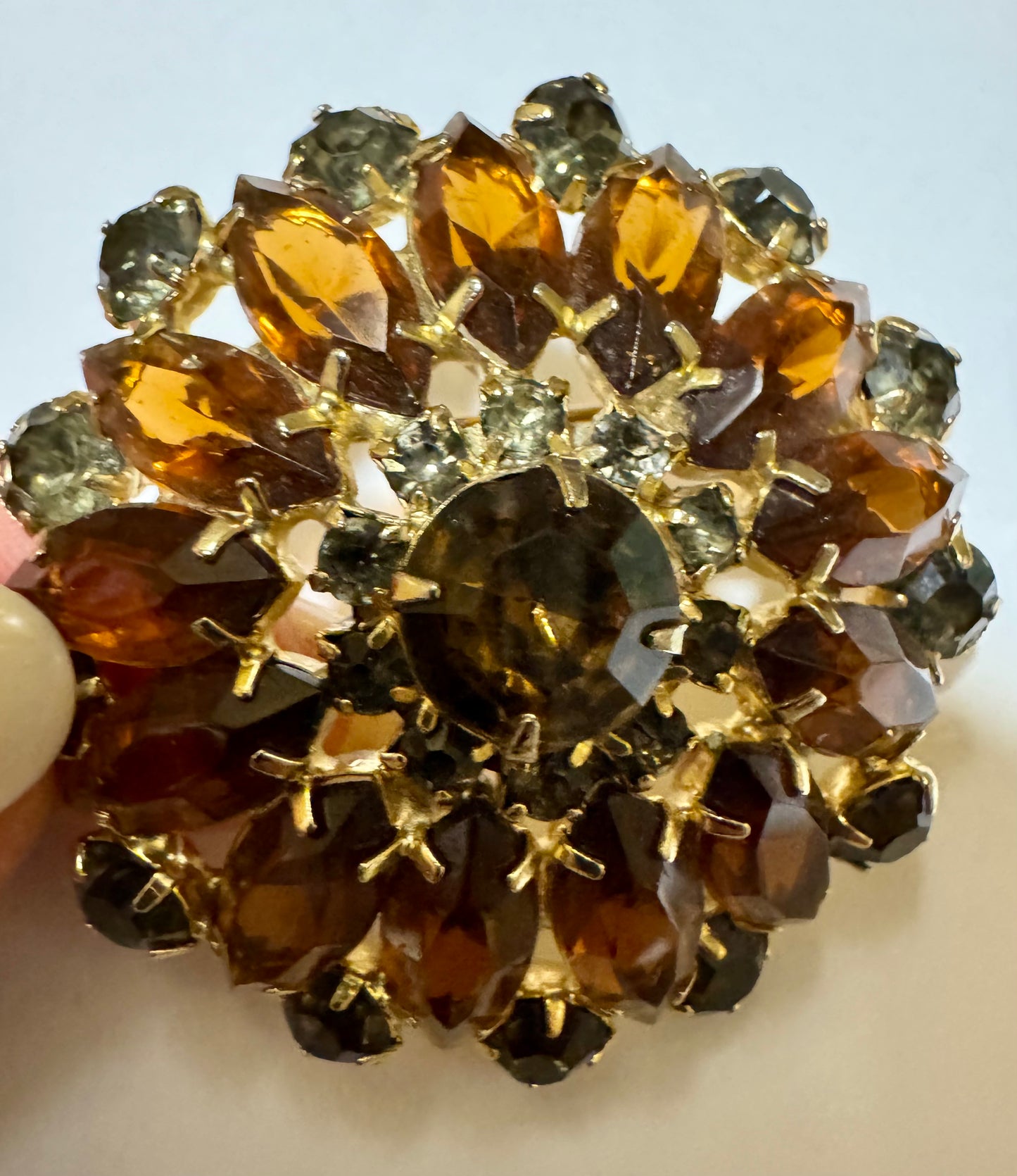 Mid-century rhinestone brooch with amber in light grey stones eight. A true unsigned Beauty,.