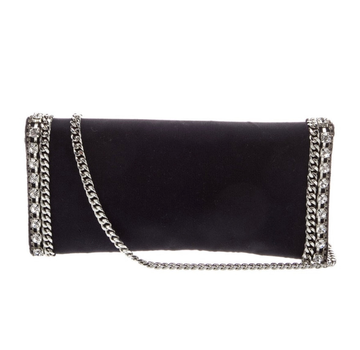 Judith Leiber Dark Blue Velvet clutch with crystal and chain embellishment. Silver tone hardware