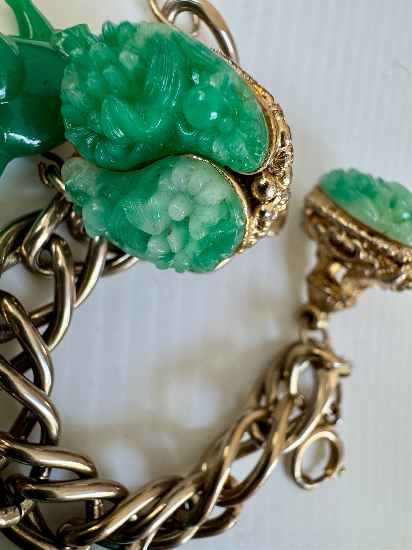 RARE 1960s gold tone chunky charm bracelet with jumbo jade charms and 2 adorable elephants (one missing a leg - see photo)