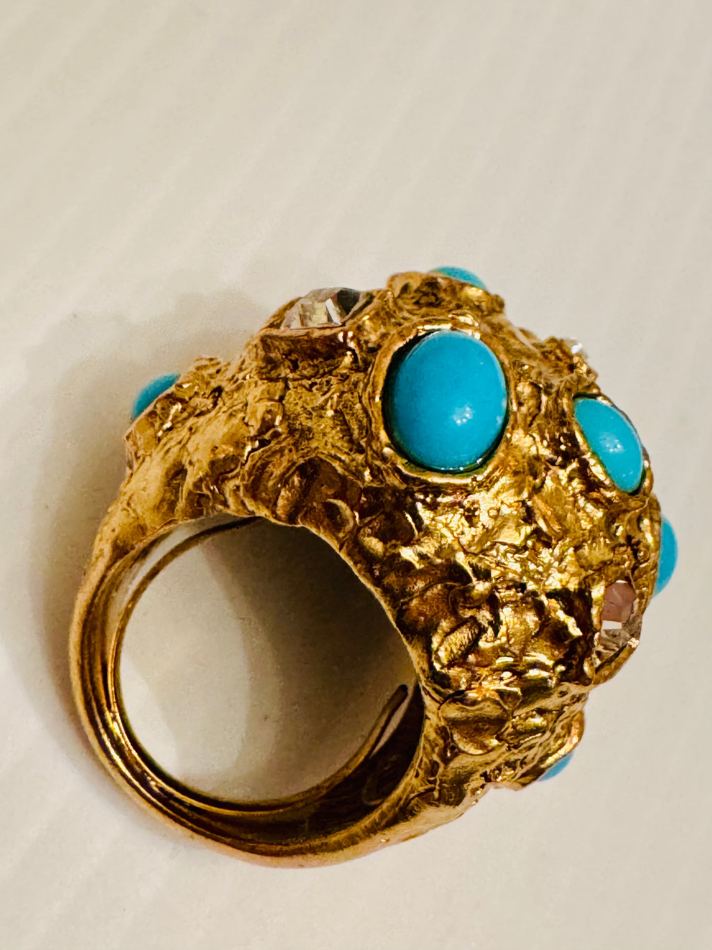 Fabulous jumbo Kenneth Jay lane cocktail ring in gold town with turquoise and rhinestones