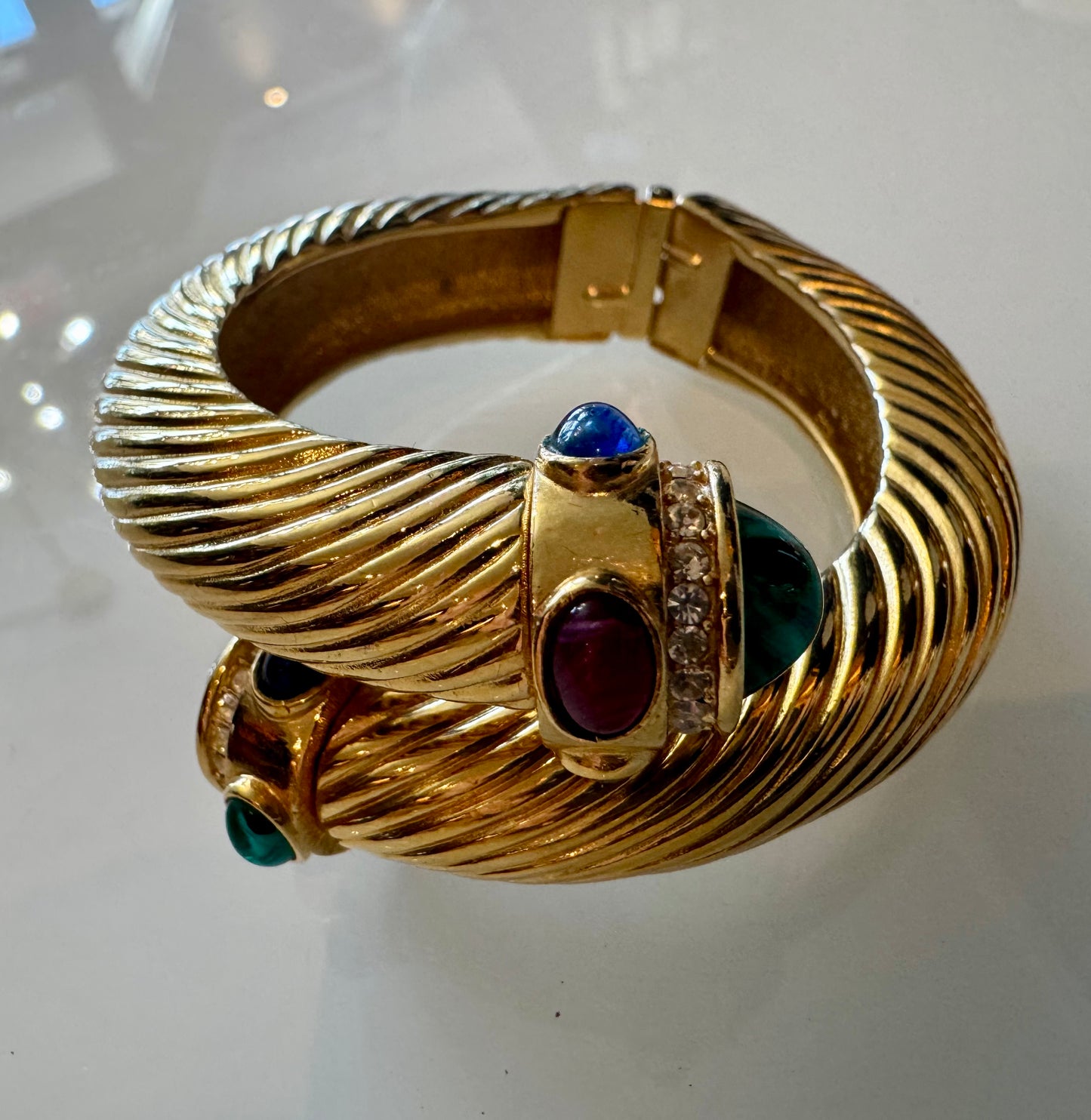 Vintage 1980s GIVENCHY clamper bracelet with colored stones and white rhinestones