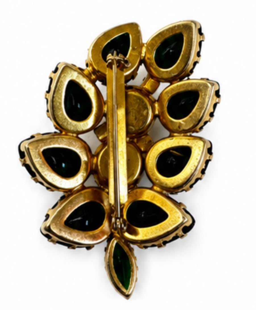 Unsigned beauty brooch attributed to Alice Caviness with carved glass iridescent roses and gorgeous emerald green glass stones
