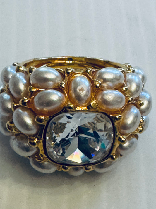 Beautiful vintage KJL gold tone ring with pearls and jumbo clear rhinestone center stone